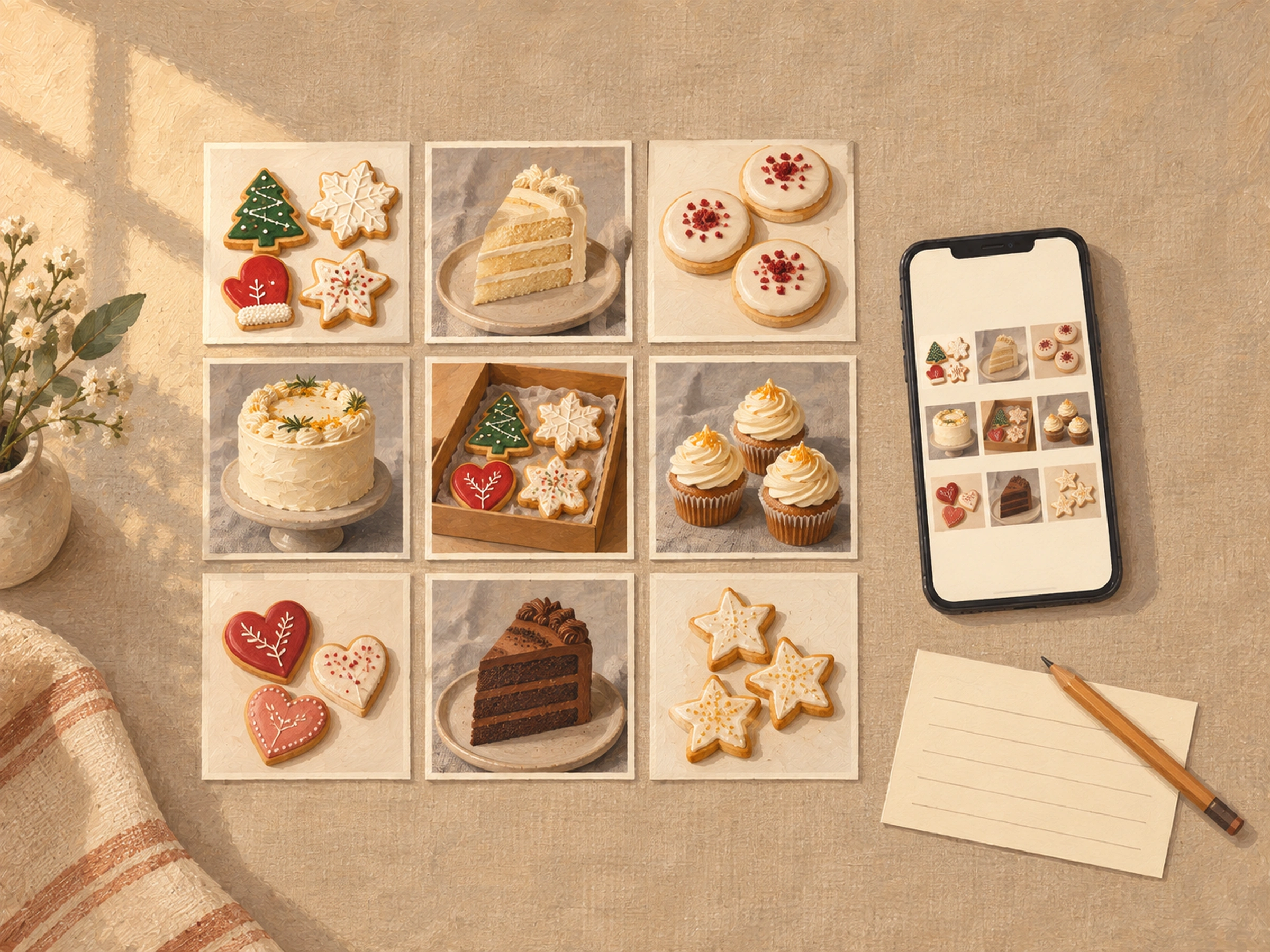 AI-generated illustration. Gouache illustration of nine bakery photo cards in a three-by-three grid beside a phone and a blank ruled recipe card.