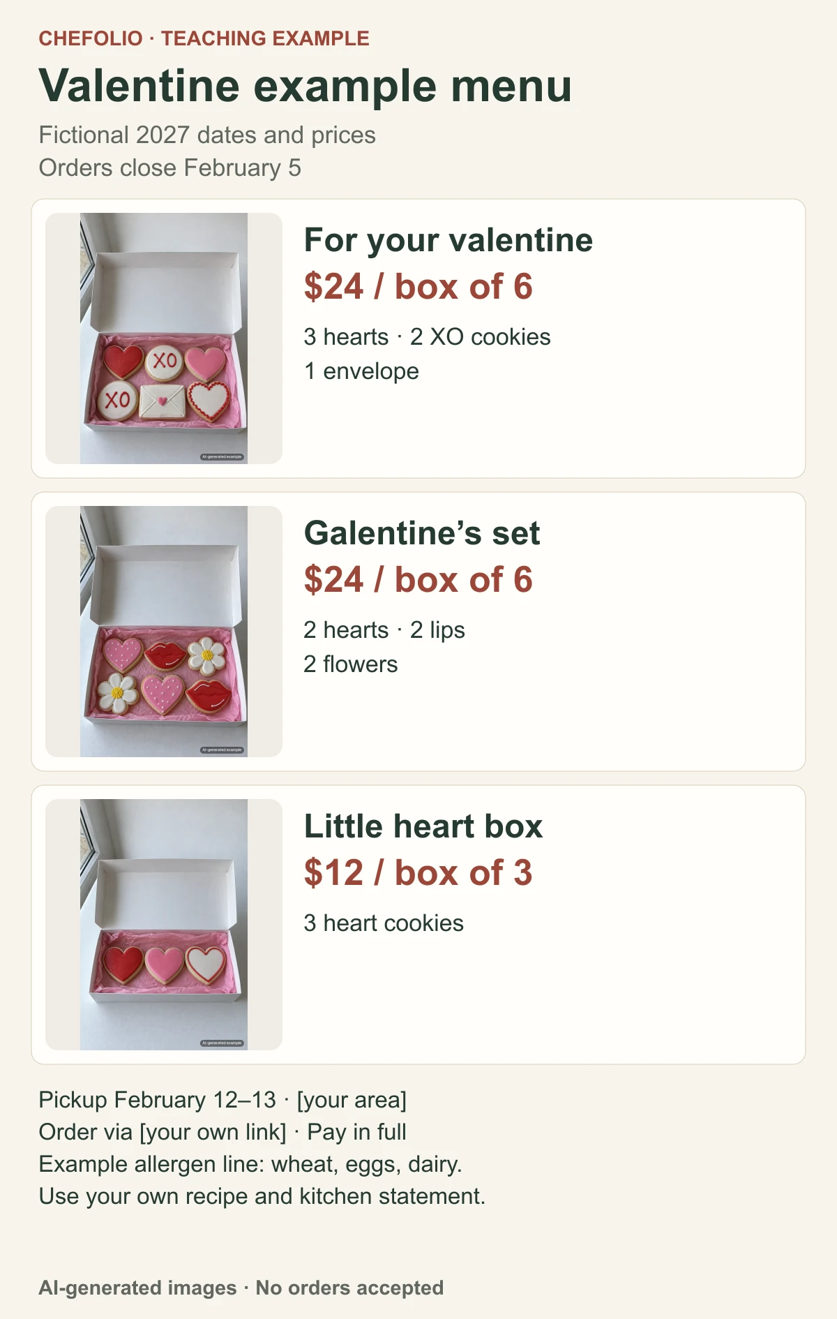 Example Valentine cookie menu with three labelled AI-generated cookie boxes, fictional prices and dates, including an order deadline of February 5.