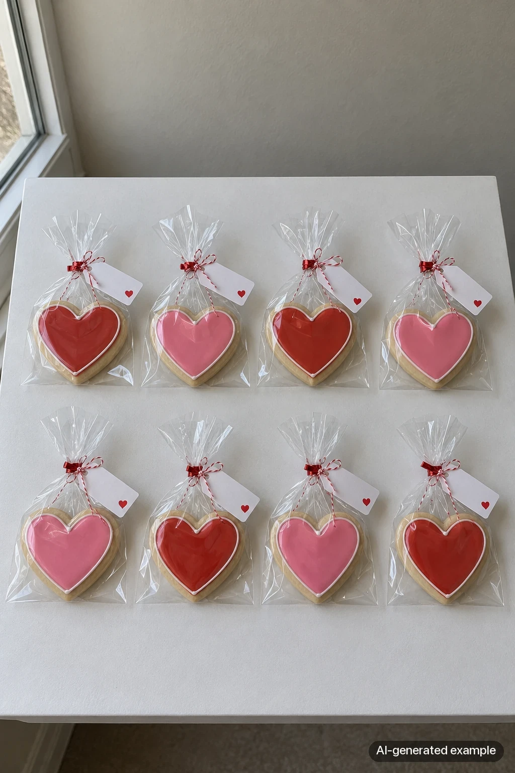 Labelled AI-generated example of eight individually bagged heart cookies with ribbon and small heart-printed gift tags arranged in two rows.