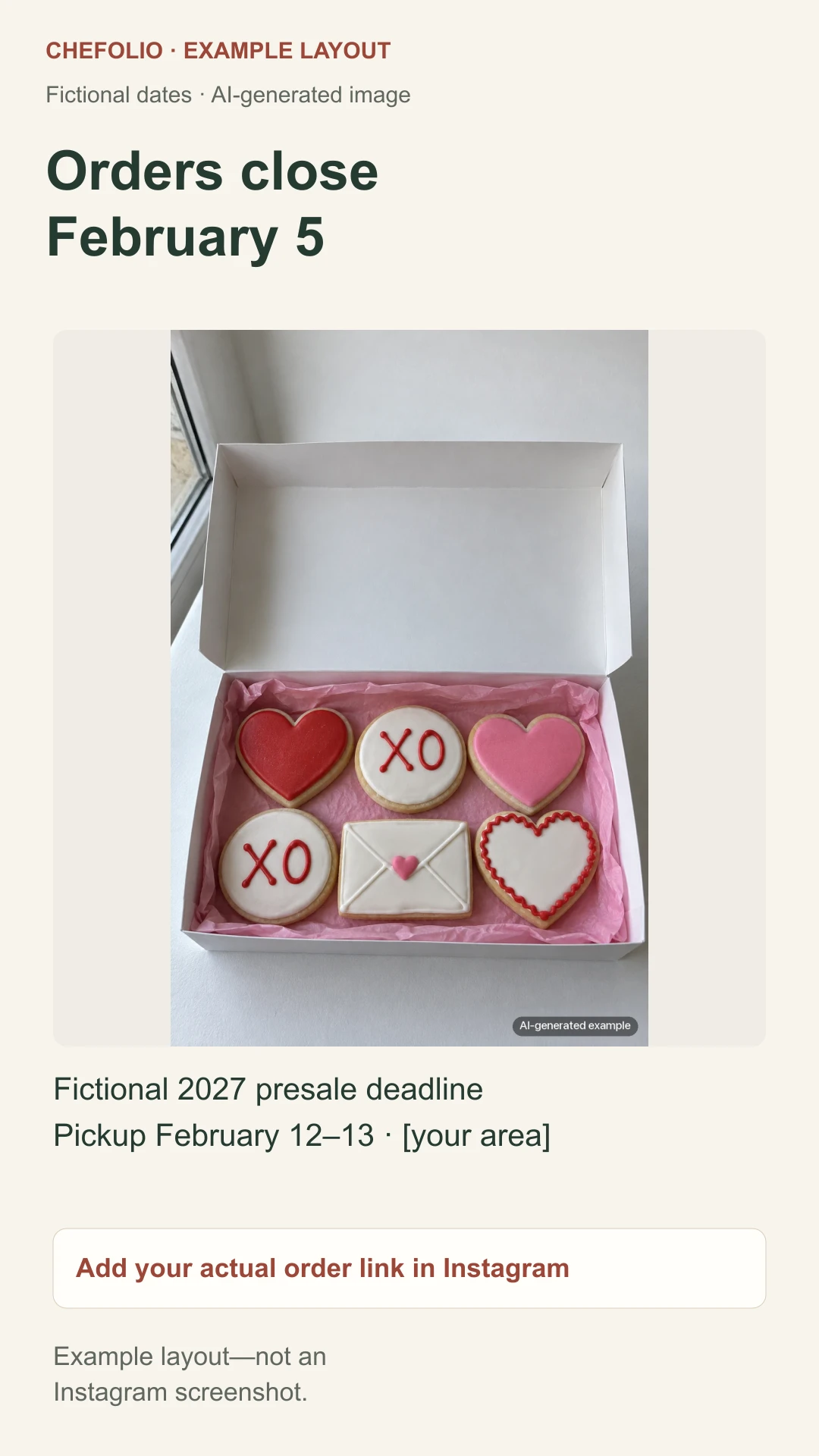 A portrait teaching layout with a labelled AI-generated Valentine box, a fictional February 5 deadline and space for an order link.
