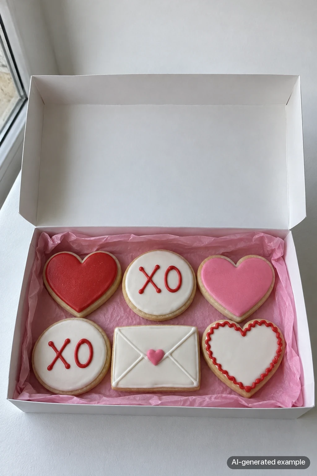 An AI-generated example of a white gift box with six Valentine cookies: three hearts, two XO rounds and one envelope, on pink tissue paper.