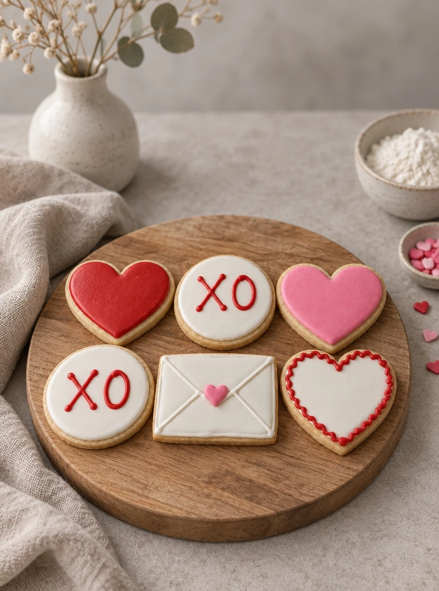 A Chefolio-generated scene with the six Valentine cookie designs on a wooden board beside a vase and ingredient bowls.