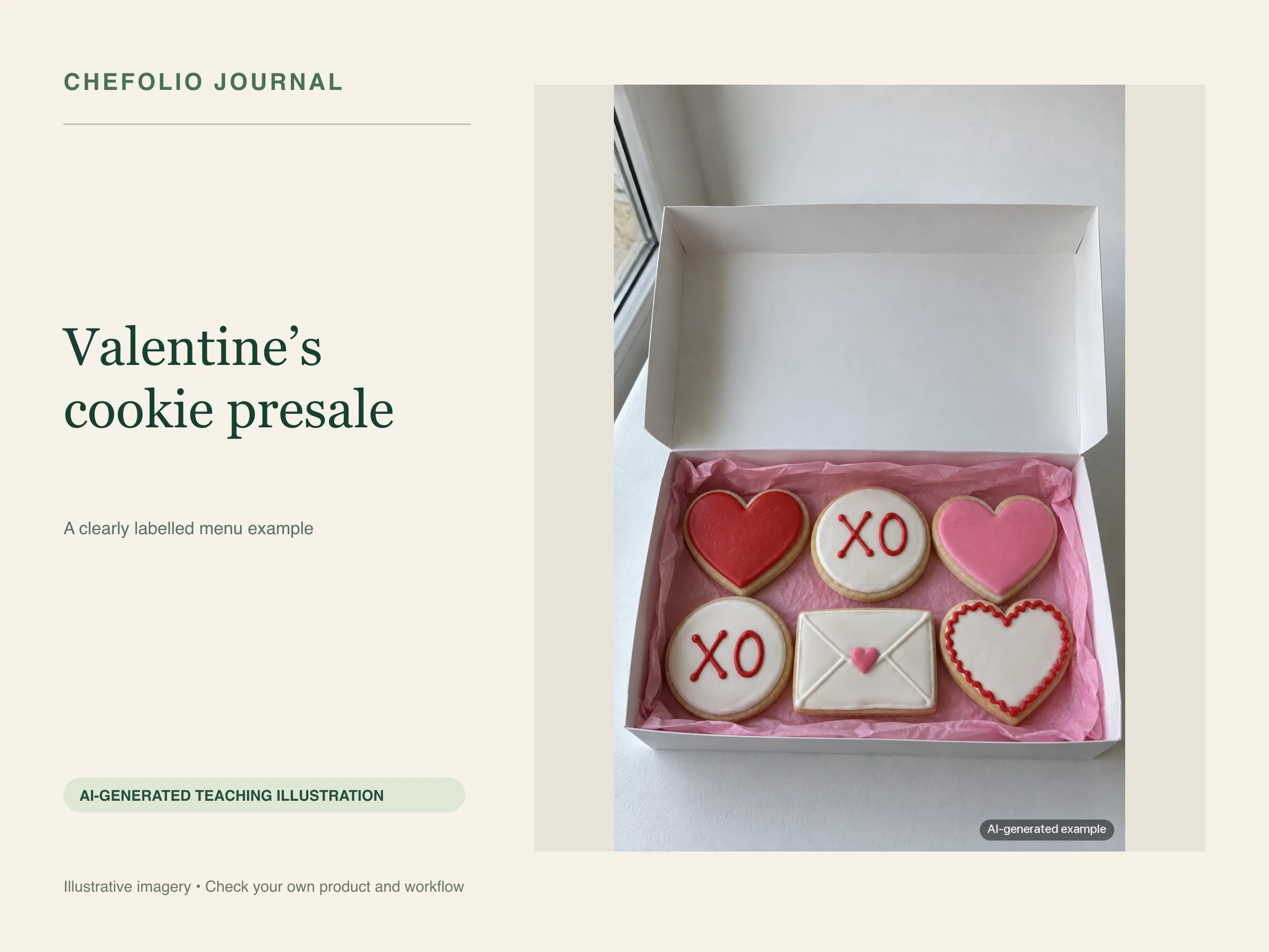 AI-generated Valentine cookie gift box used as a teaching example, not an available product. AI teaching illustration; not a photographed test.