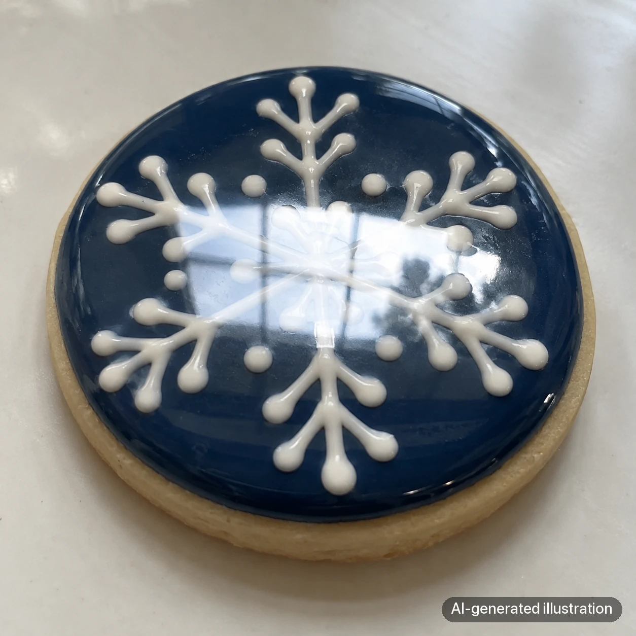 AI-generated illustration of a dark blue snowflake cookie with a large bright window-shaped reflection across the icing.
