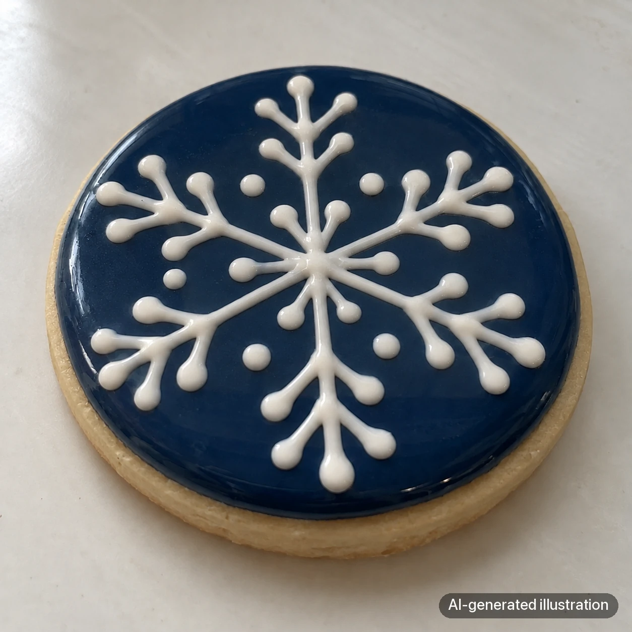 AI-generated illustration of a blue snowflake cookie with the piping more visible and a small soft highlight.