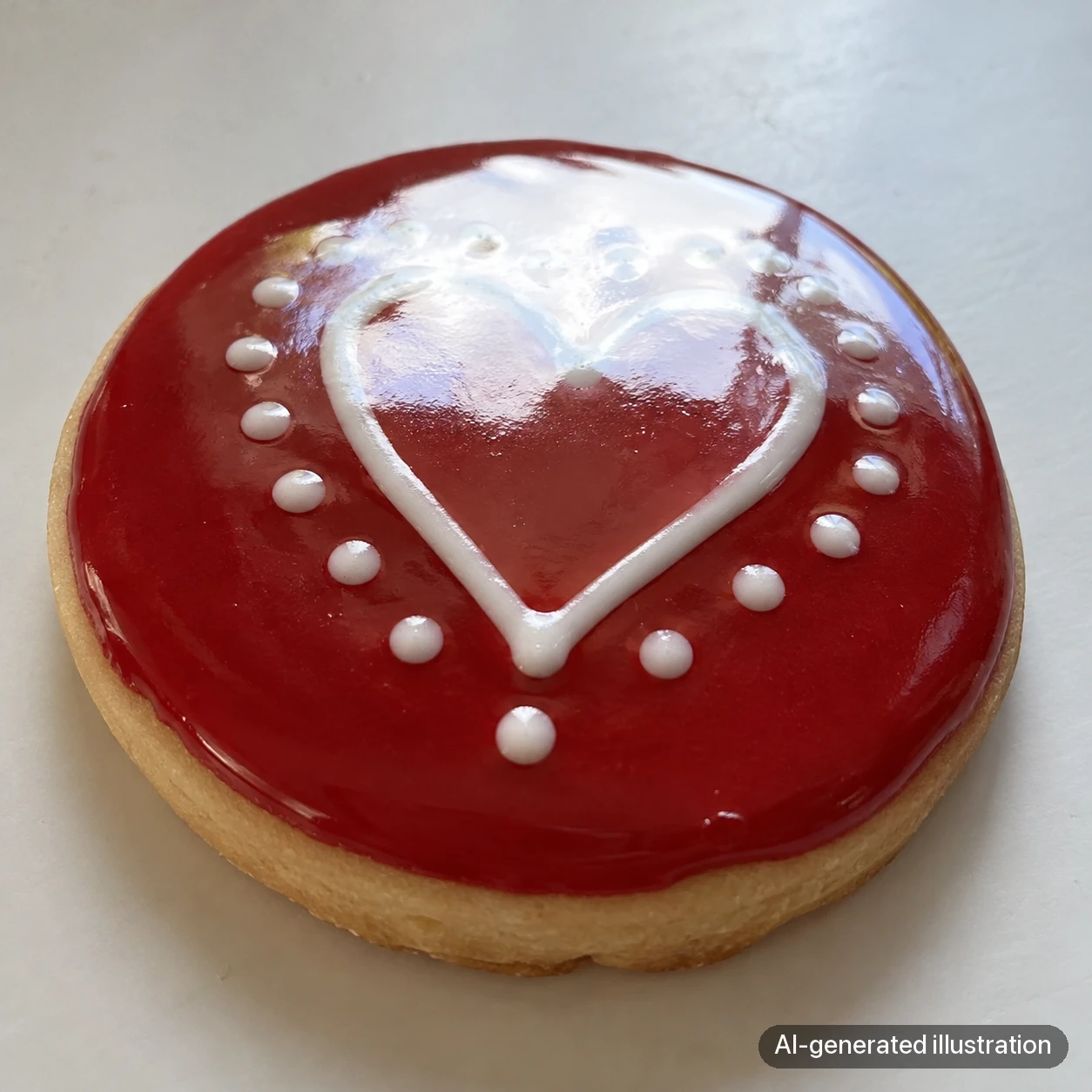 AI-generated illustration of a red heart-pattern cookie with a strong bright reflection over the top of the icing.