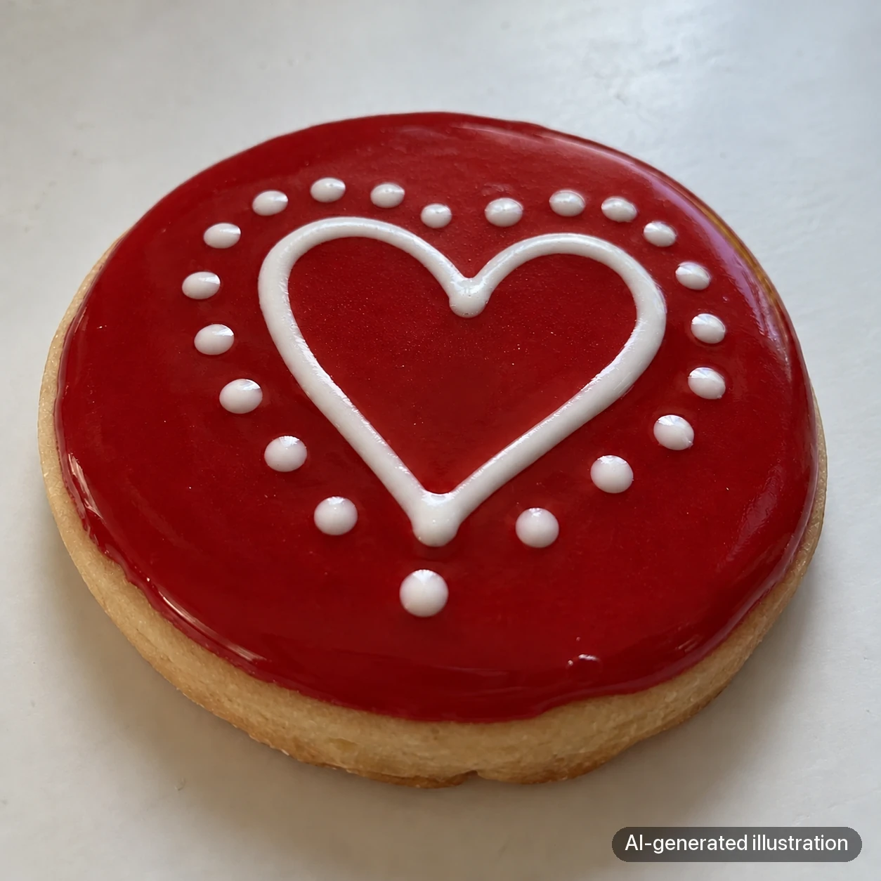 AI-generated illustration of a similar red heart-pattern cookie with a weaker reflection and a clearer design.