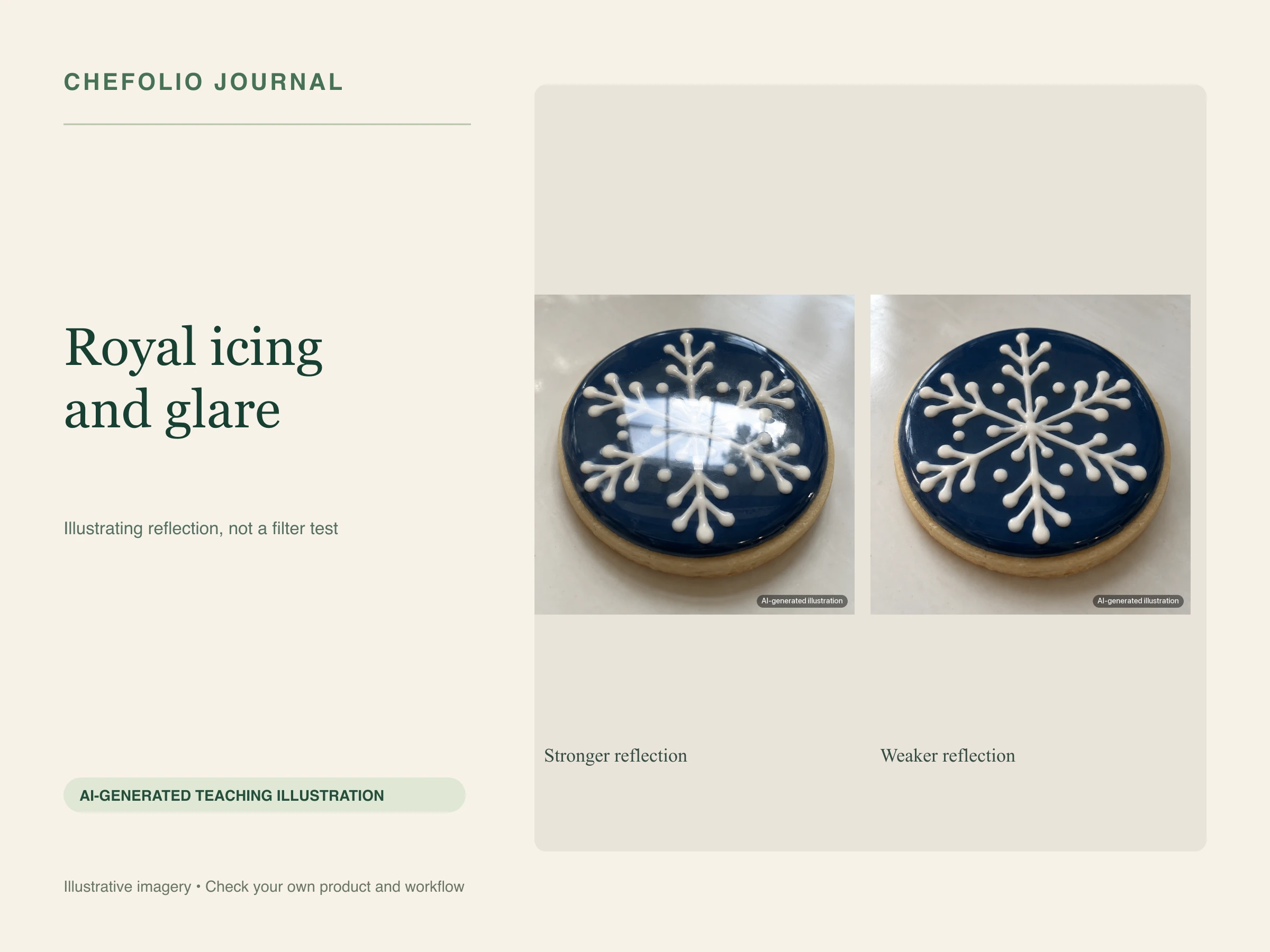 Two AI-generated blue snowflake cookies illustrating stronger and weaker window reflections. AI teaching illustration; not a photographed test.