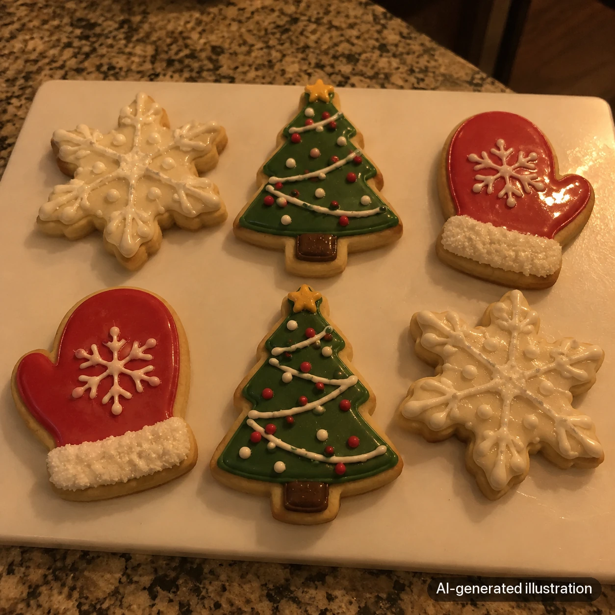 AI-generated illustration of six Christmas cookies under a warm-looking light.
