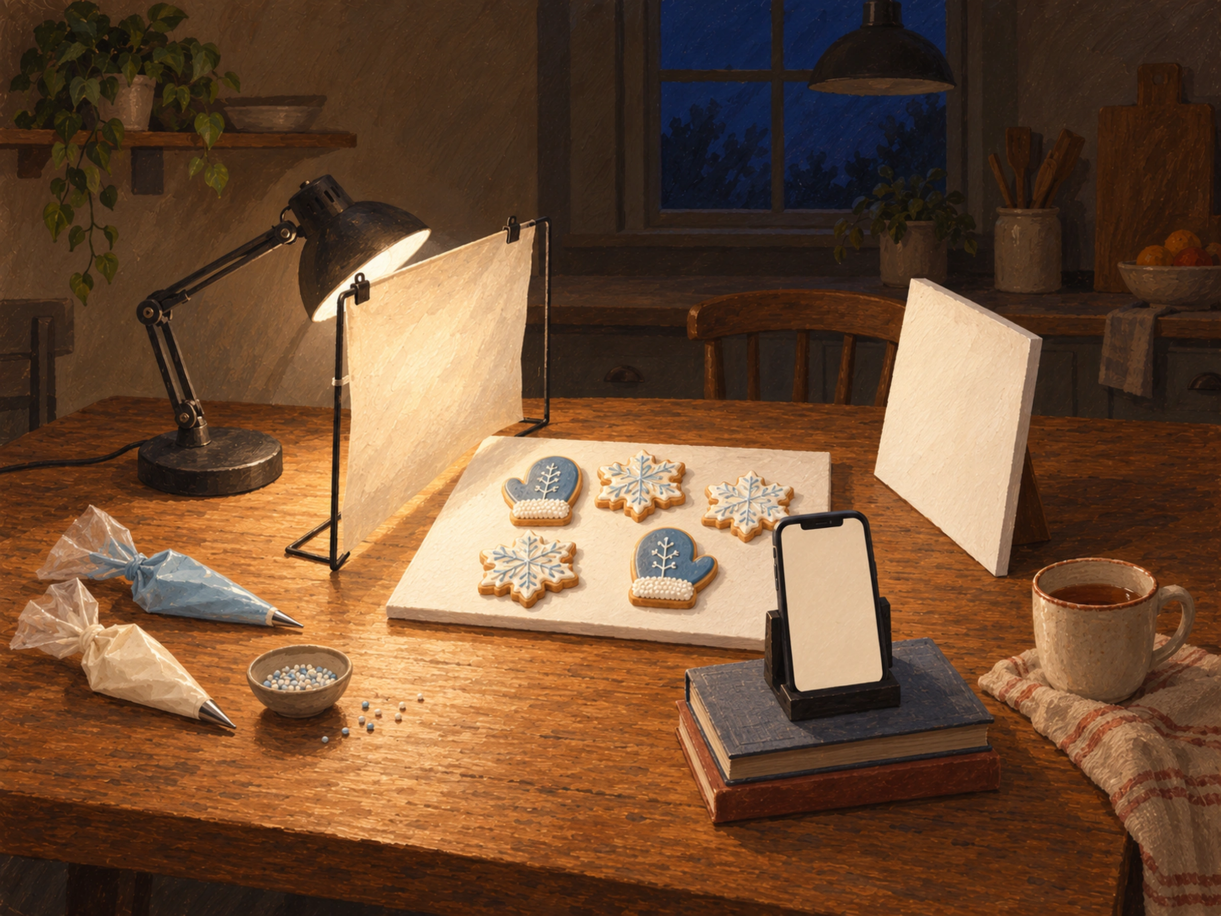 AI-generated illustration. Gouache illustration of a nighttime cookie photography setup with one desk lamp, parchment diffuser, five cookies, reflector and a blank phone on books.