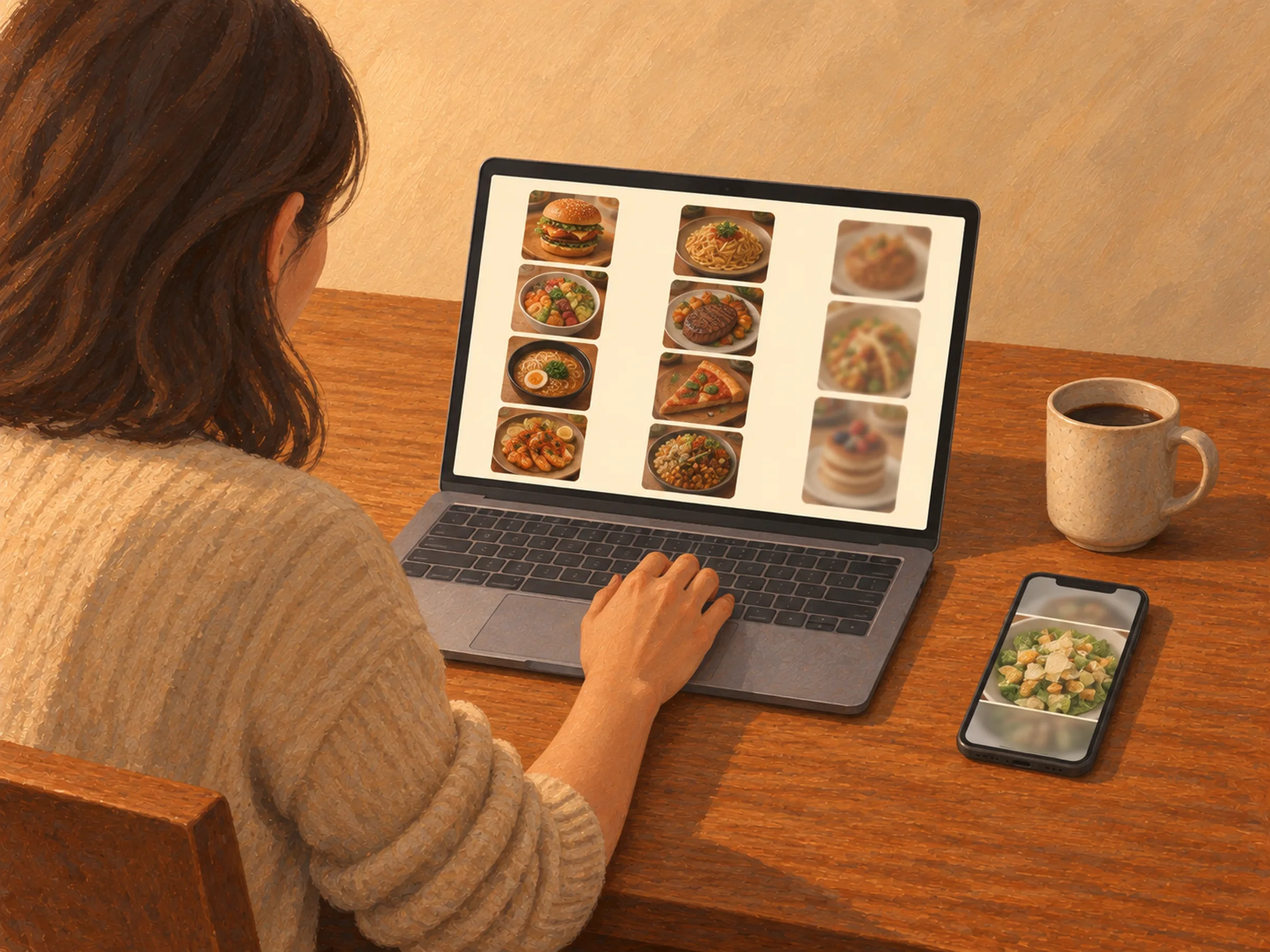 AI-generated illustration. Gouache illustration of a woman seen from behind at a laptop, sorting restaurant food photos into three columns on screen, with a phone beside her showing a Caesar salad screenshot.