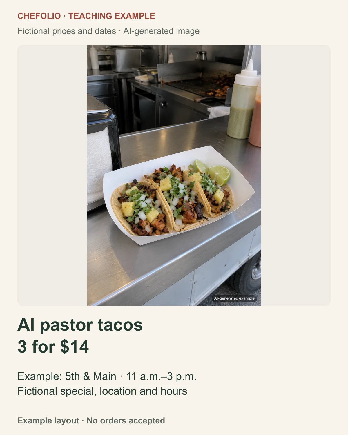 Teaching daily-special card using a labelled AI-generated taco image, with fictional text Al pastor tacos, three for $14, 5th and Main, 11 a.m. to 3 p.m.