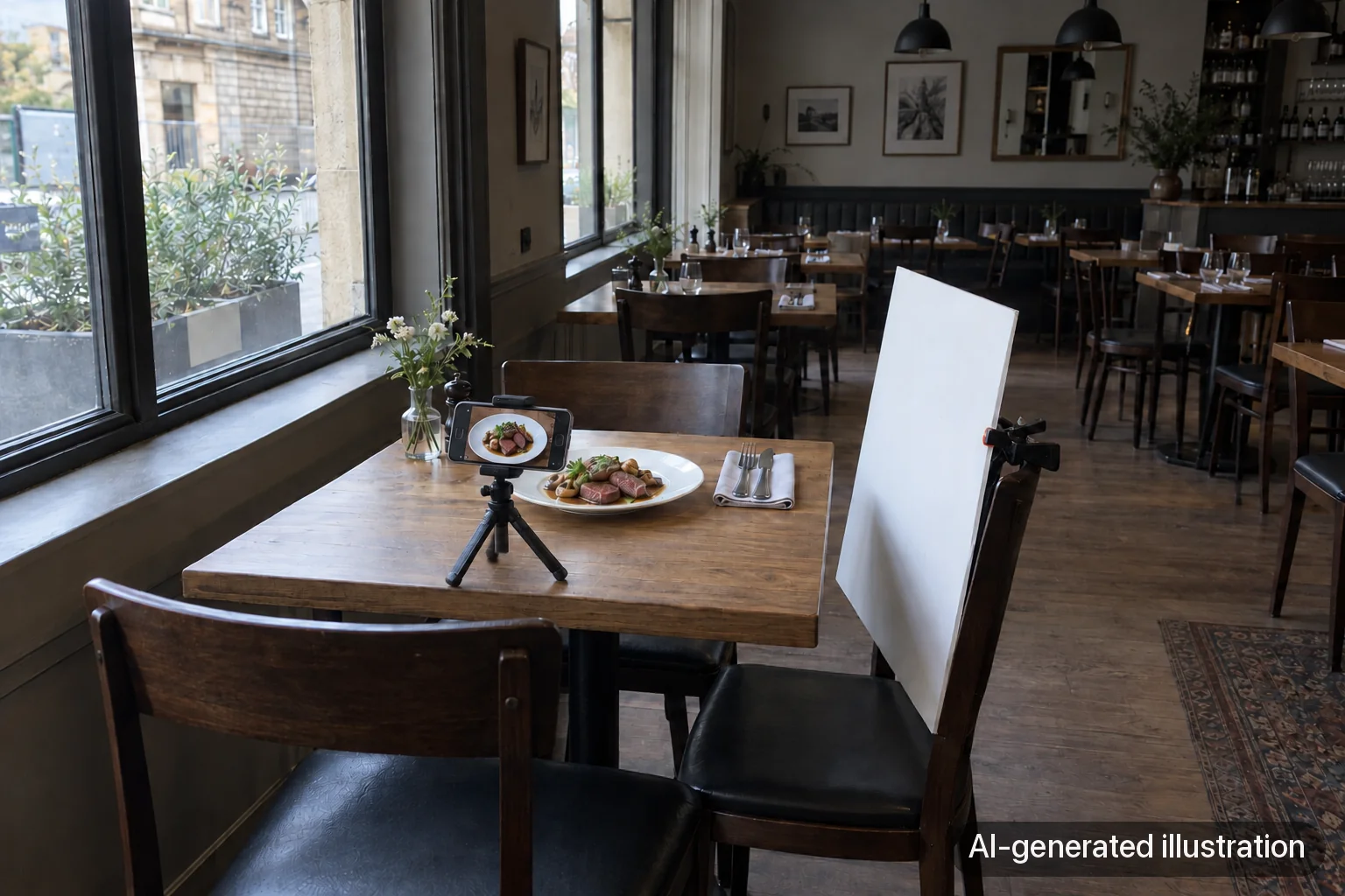 AI-generated teaching illustration of a restaurant window photo table with a white reflector and phone on a small tripod.