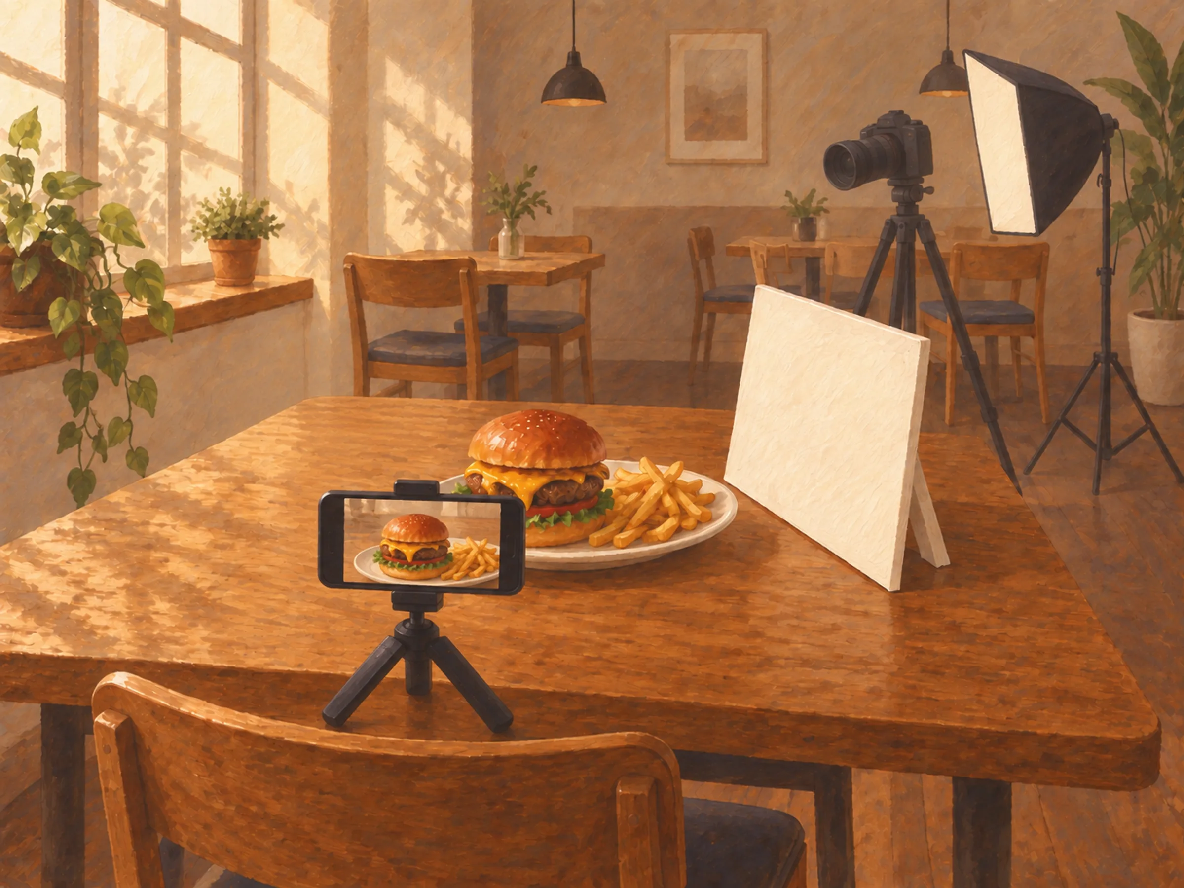 AI-generated illustration. Gouache illustration of a phone tripod photographing a burger by a restaurant window, with a white reflector and professional camera equipment in the background.