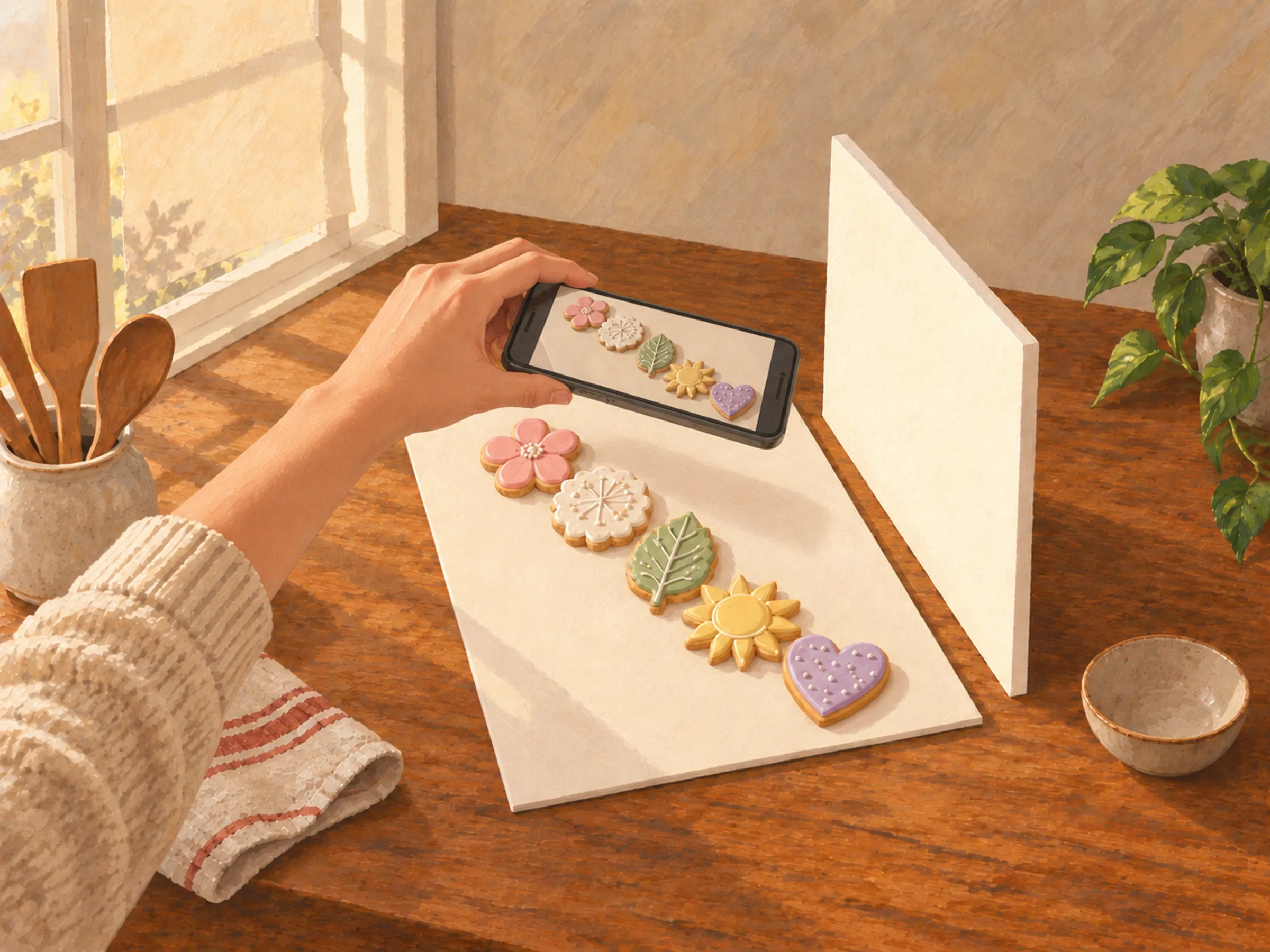 AI-generated illustration. Gouache illustration of a hand holding a phone horizontally above five pastel cookies, with window diffusion paper and a white reflector.