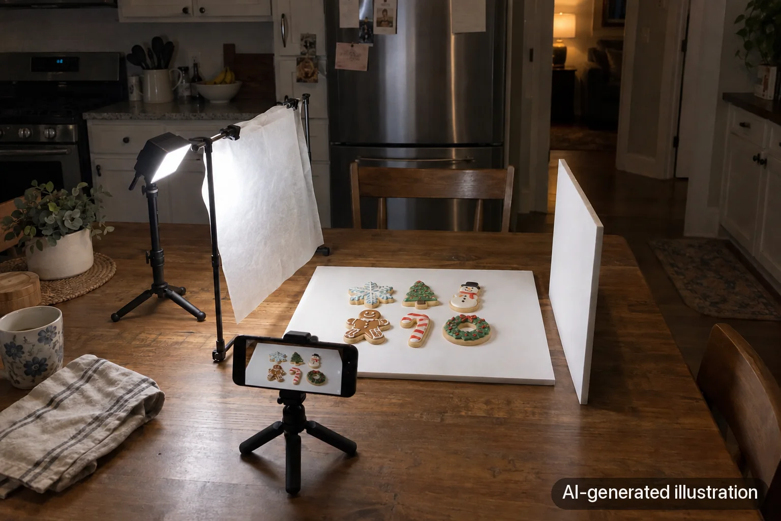 AI-generated teaching illustration of a cookie board between a diffused lamp and white reflector, with a phone on a small tripod.