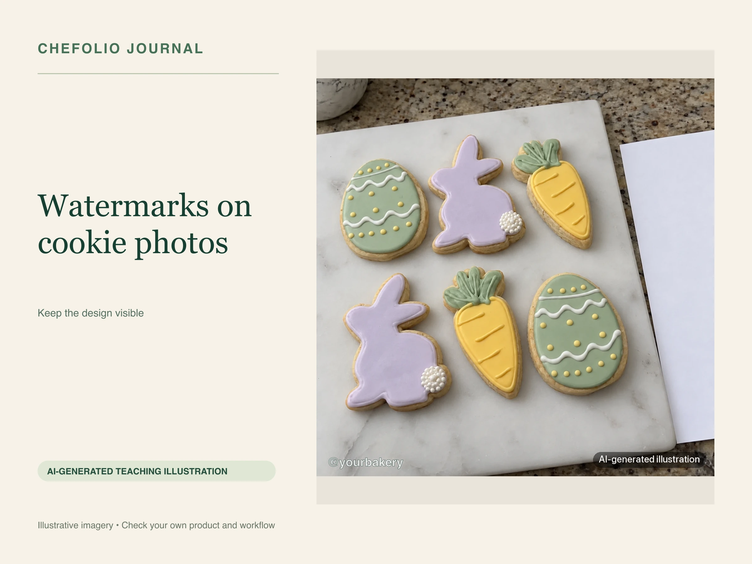 AI-generated pastel cookie illustration with a fictional @yourbakery example mark. AI teaching illustration; not a photographed test.