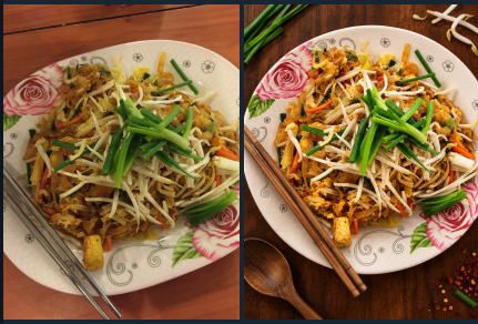 Two photos of the same pad thai on a floral plate. Before: on an orange wood table with metal chopsticks. After: on darker wood with chopsticks, a wooden spoon, and bean sprouts and chili flakes scattered beside the plate.