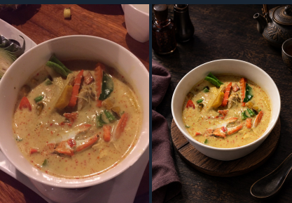 A bowl of yellow coconut curry with shrimp and vegetables. Before: in a white bowl on a saucer on a wooden table. After: in a similar bowl on a round wooden board, with a dark background, a teapot, a napkin, and a spoon.