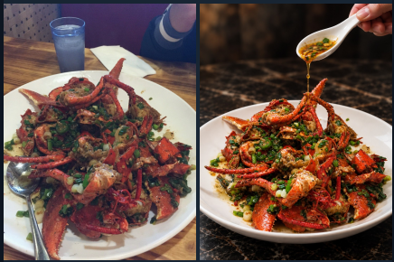 Stir-fried lobster with scallions on a white plate. Before: on a wooden table with a glass of water and someone's arm in the background. After: on dark marble, with a hand pouring sauce from a white spoon onto the lobster.