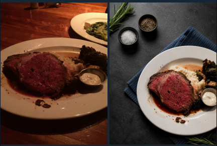 Prime rib with mashed potatoes, greens, jus, and horseradish sauce on a white plate. Before: dim restaurant lighting with another plate in the background. After: bright light on dark slate with a navy napkin, rosemary sprigs, and small bowls of salt and peppercorns.